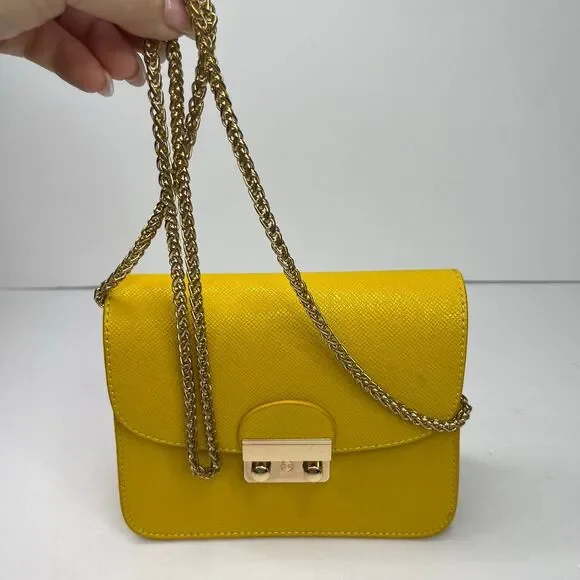 Shoulder Mini Tote Bag Purse Gold Chain Mustard Yellow Women’s #577 - Picture 8 of 12